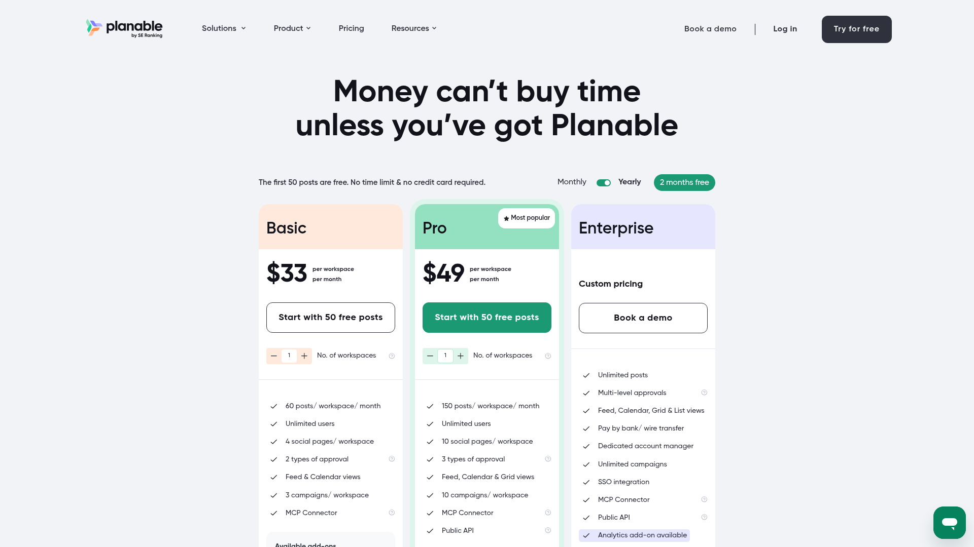 Planable pricing page showing Basic, Pro, and Enterprise plans