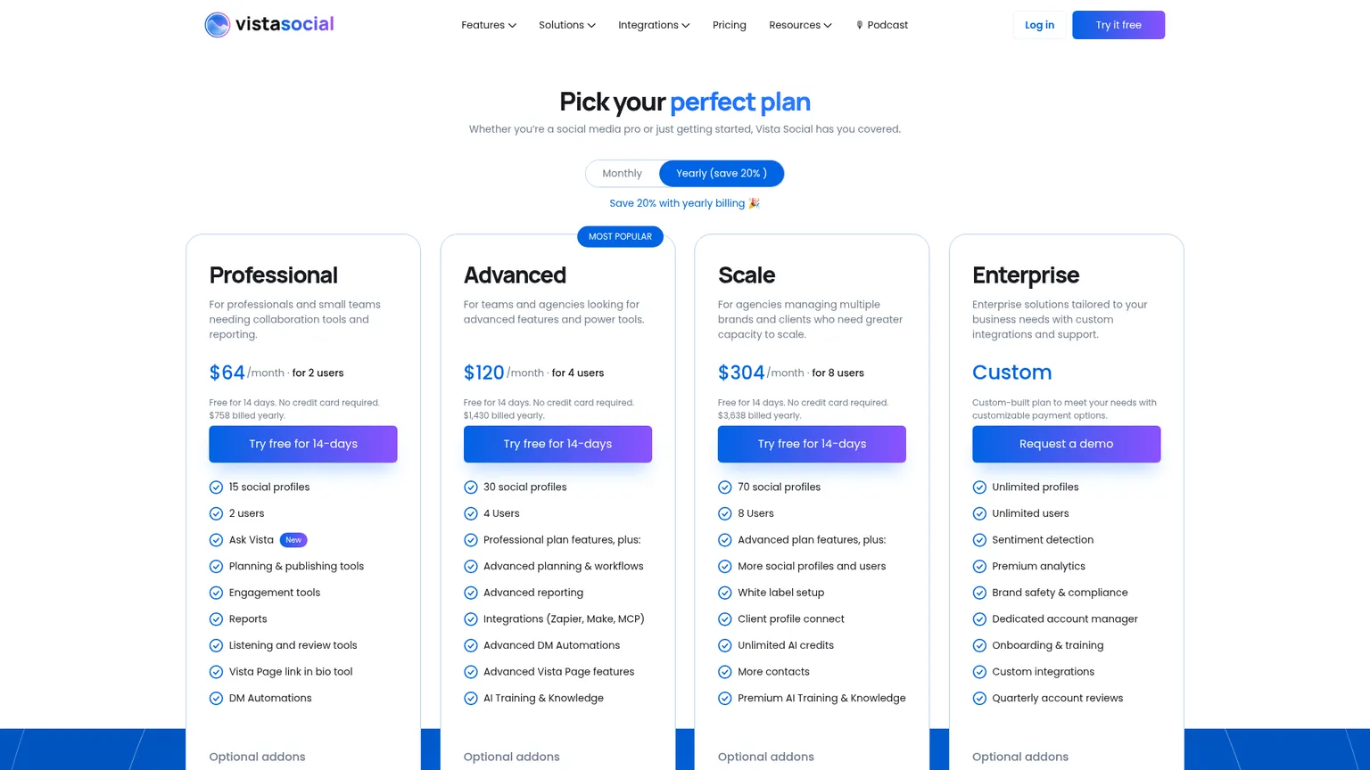 Vista Social pricing page showing Professional, Advanced, Scale, and Enterprise plans