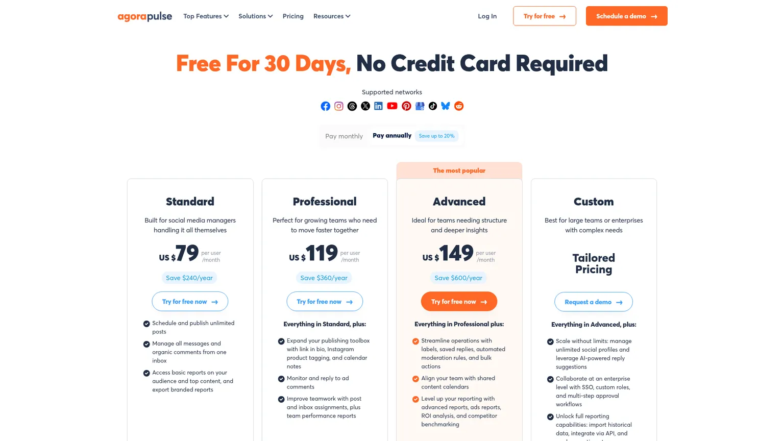 Agorapulse pricing page showing Standard, Professional, Advanced, and Custom plans