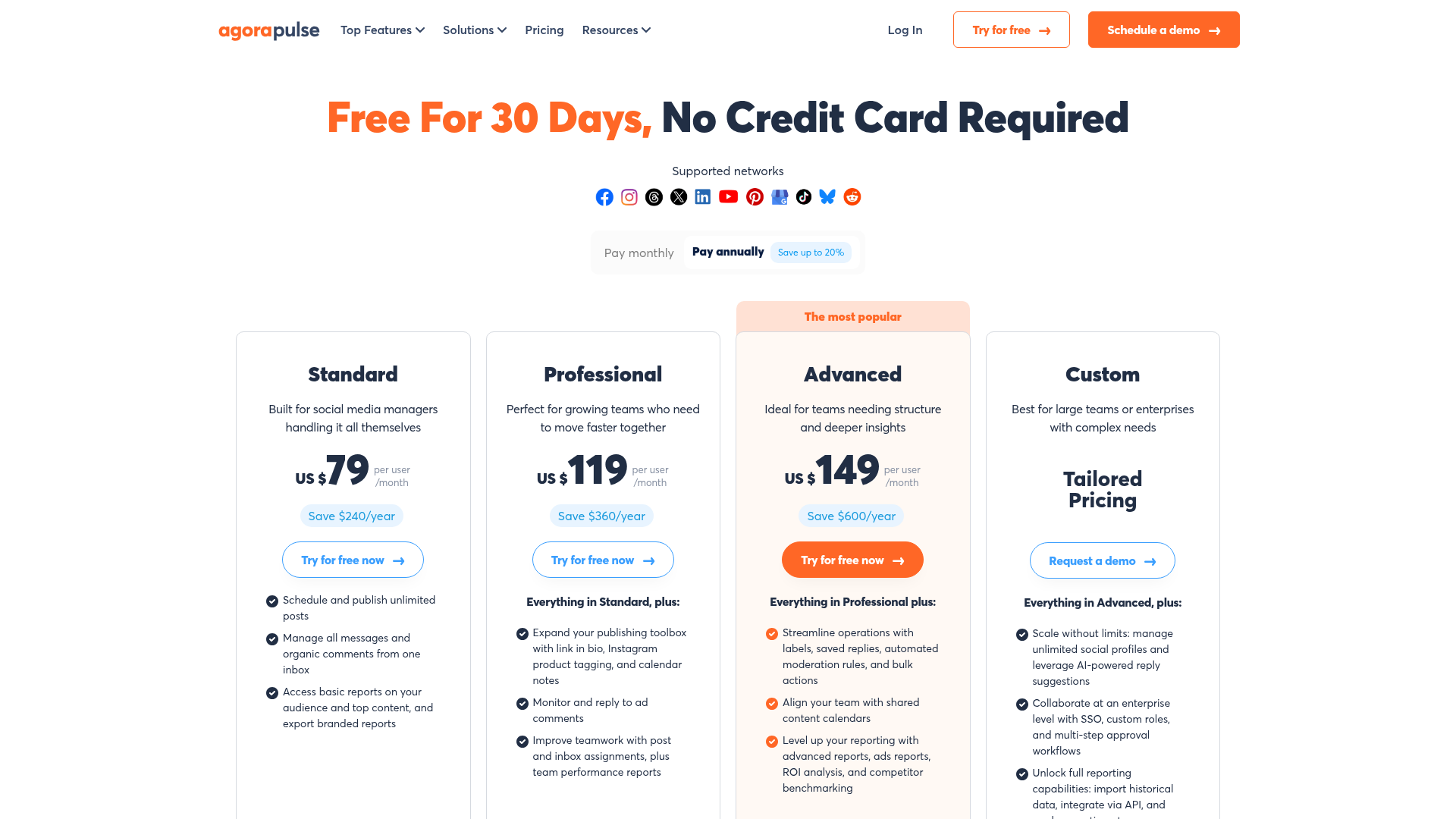 Agorapulse pricing page showing Standard, Professional, Advanced, and Custom plans