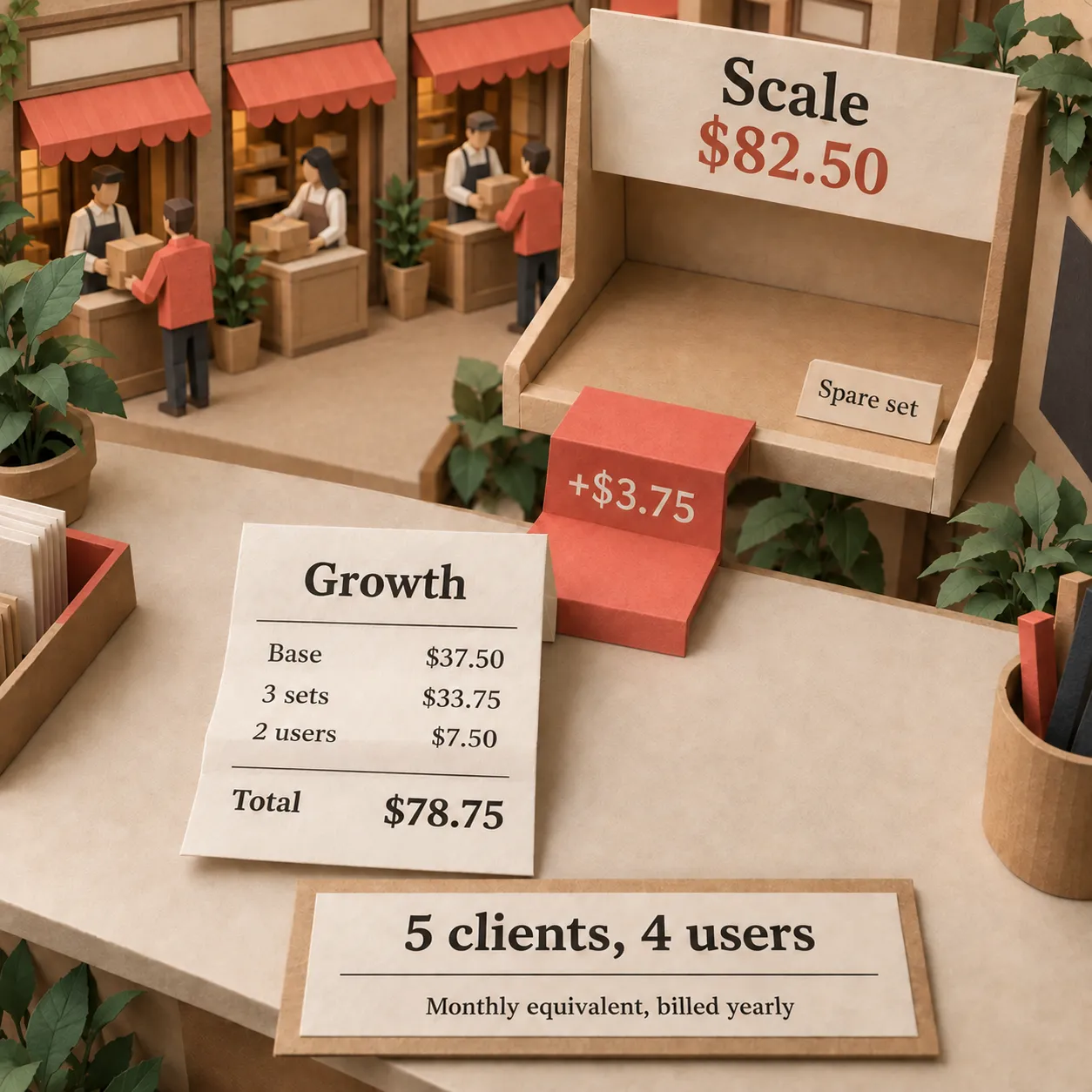 Cinco clientes y cuatro usuarios cuestan $78.75 con Growth y complementos, frente a $82.50 con Scale, con facturación anual