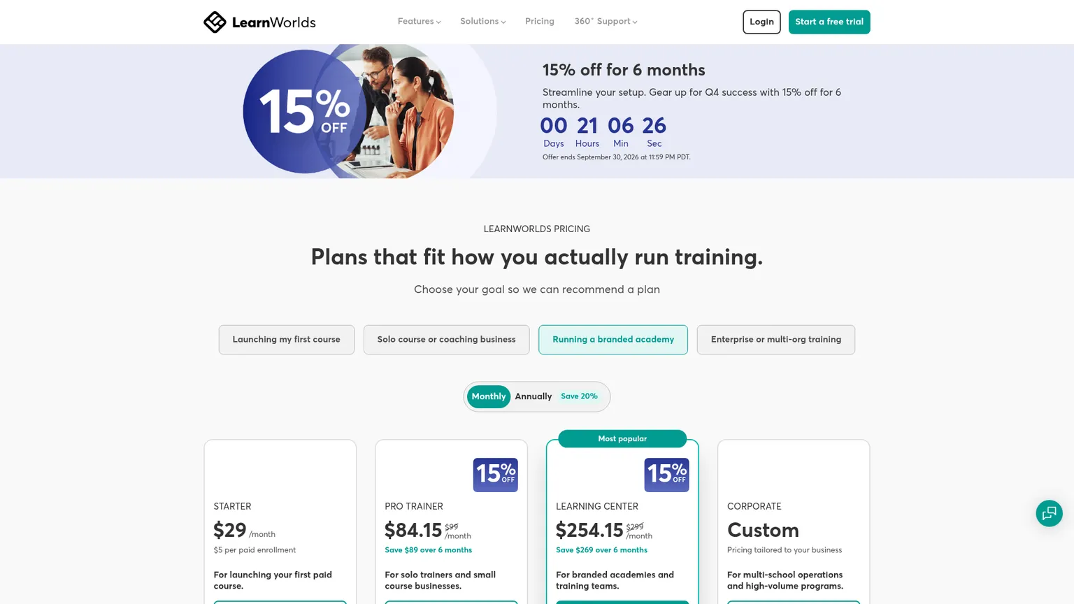 Página de preços do LearnWorlds com os planos Starter, Pro Trainer, Learning Center e Corporate