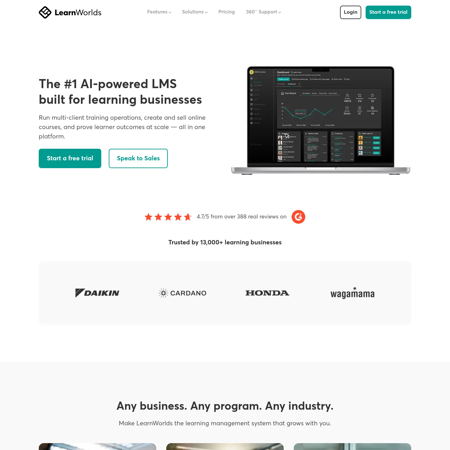 الصفحة الرئيسية لمنصة LearnWorlds تعرض أدوات التعلم وبيع الدورات وإدارة التدريب