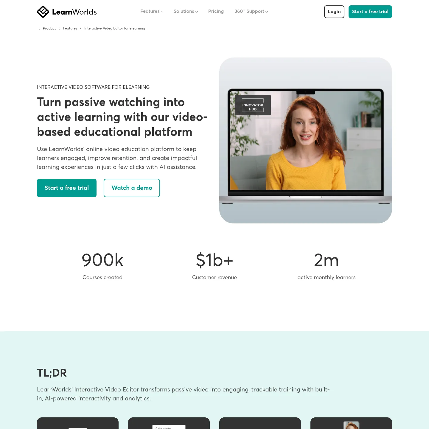 صفحة مزايا Interactive Video Editor في LearnWorlds تعرض التفاعل داخل الفيديو وأدوات التعلم