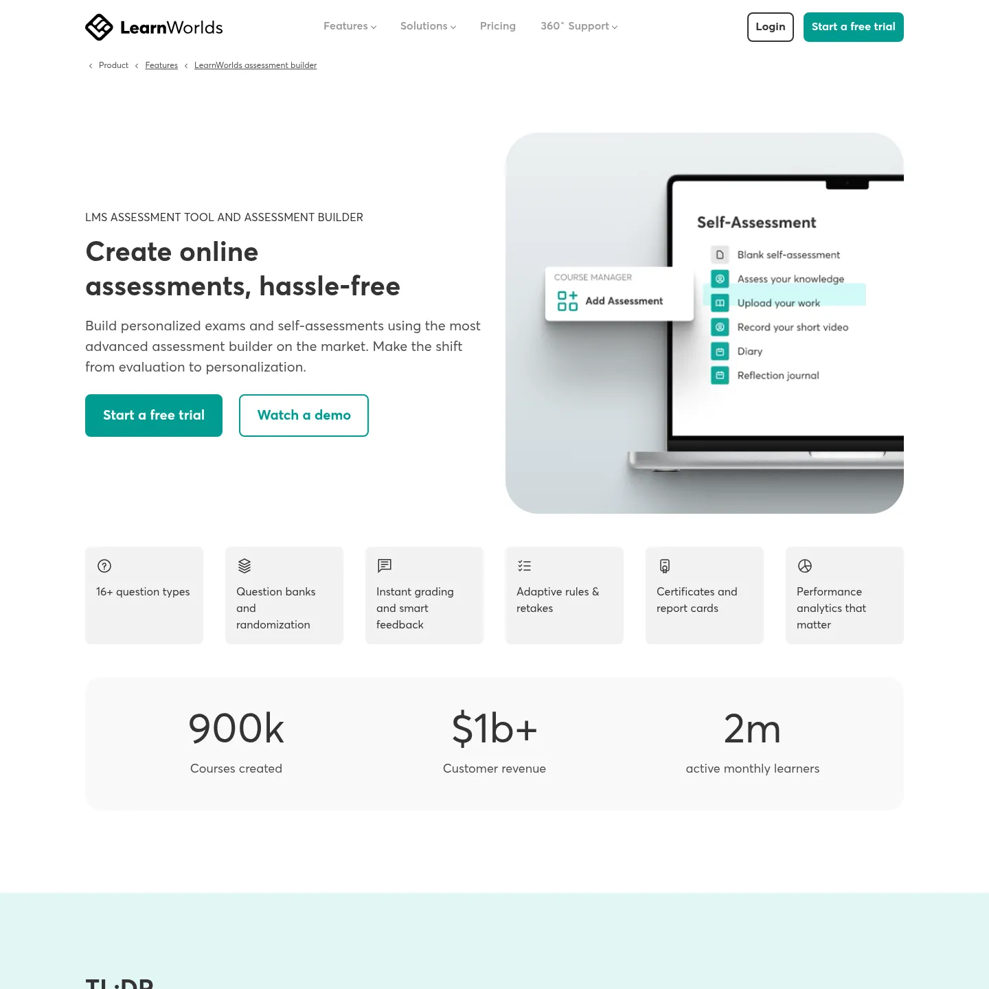 صفحة Assessment Builder في LearnWorlds تعرض الاختبارات وبنوك الأسئلة وأدوات الشهادات