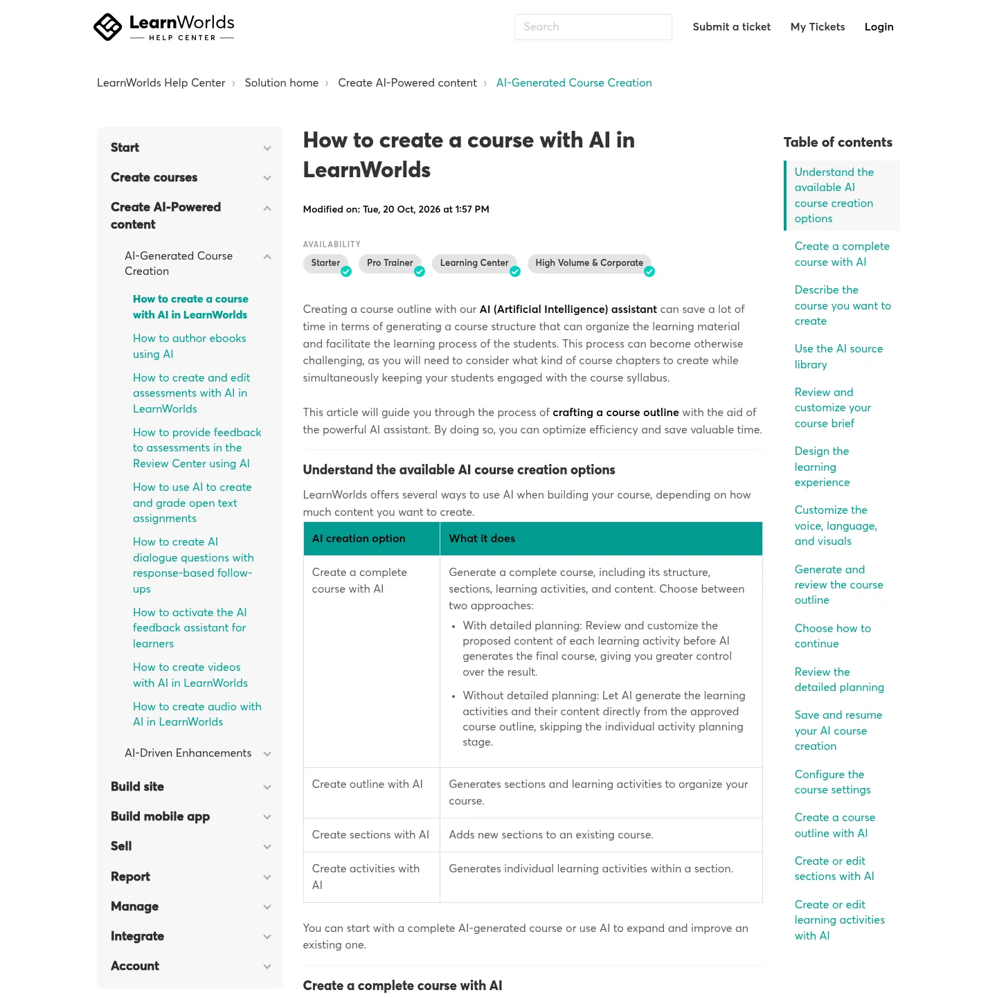 مركز مساعدة LearnWorlds يعرض الخطوات الموثقة لإنشاء دورة بالذكاء الاصطناعي