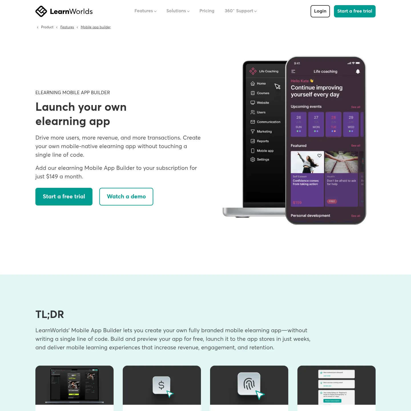 صفحة Mobile App Builder في LearnWorlds تعرض تطبيق التعلم المحمول الذي يحمل علامة العميل