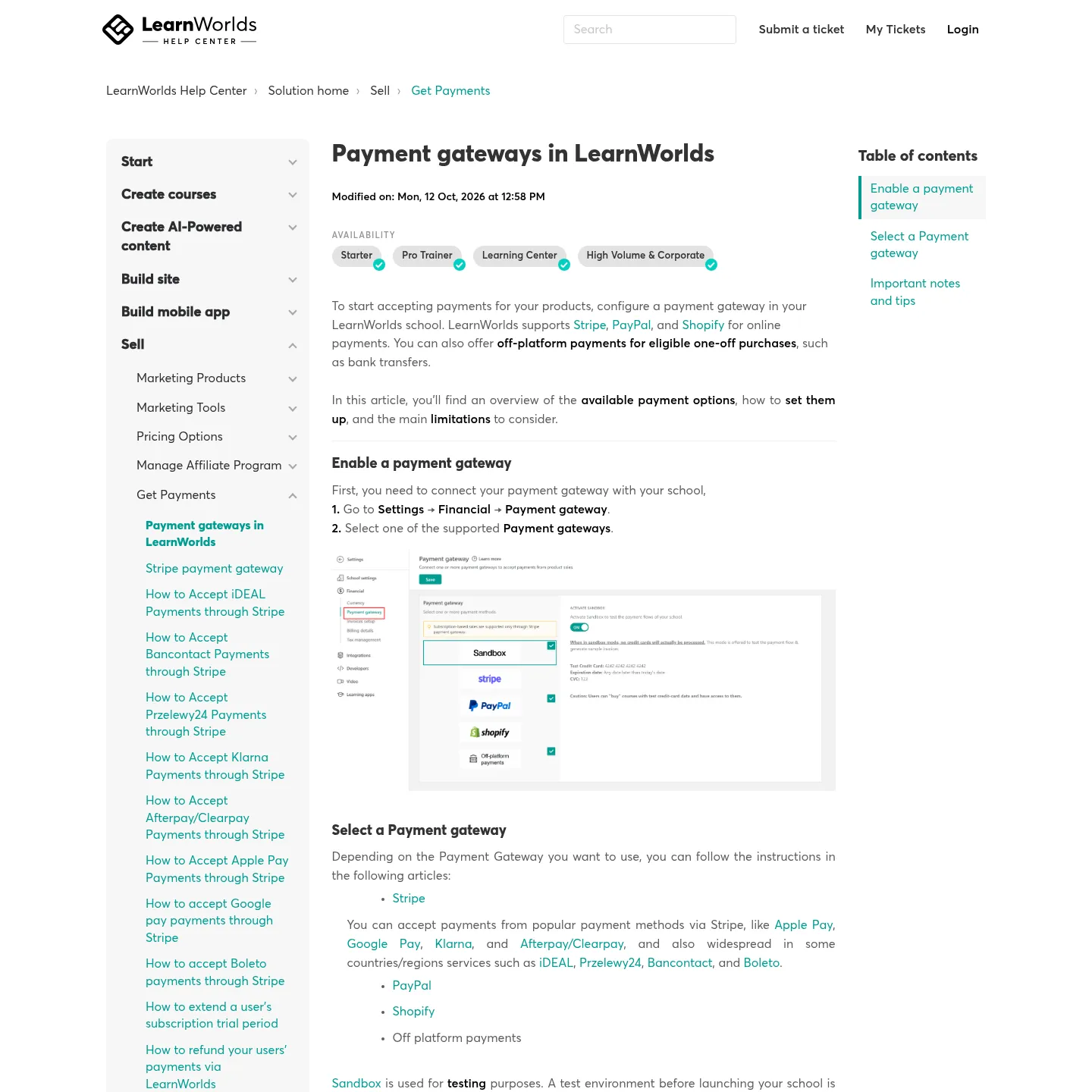 مركز مساعدة LearnWorlds يشرح قيود بوابات الدفع Stripe وPayPal وShopify