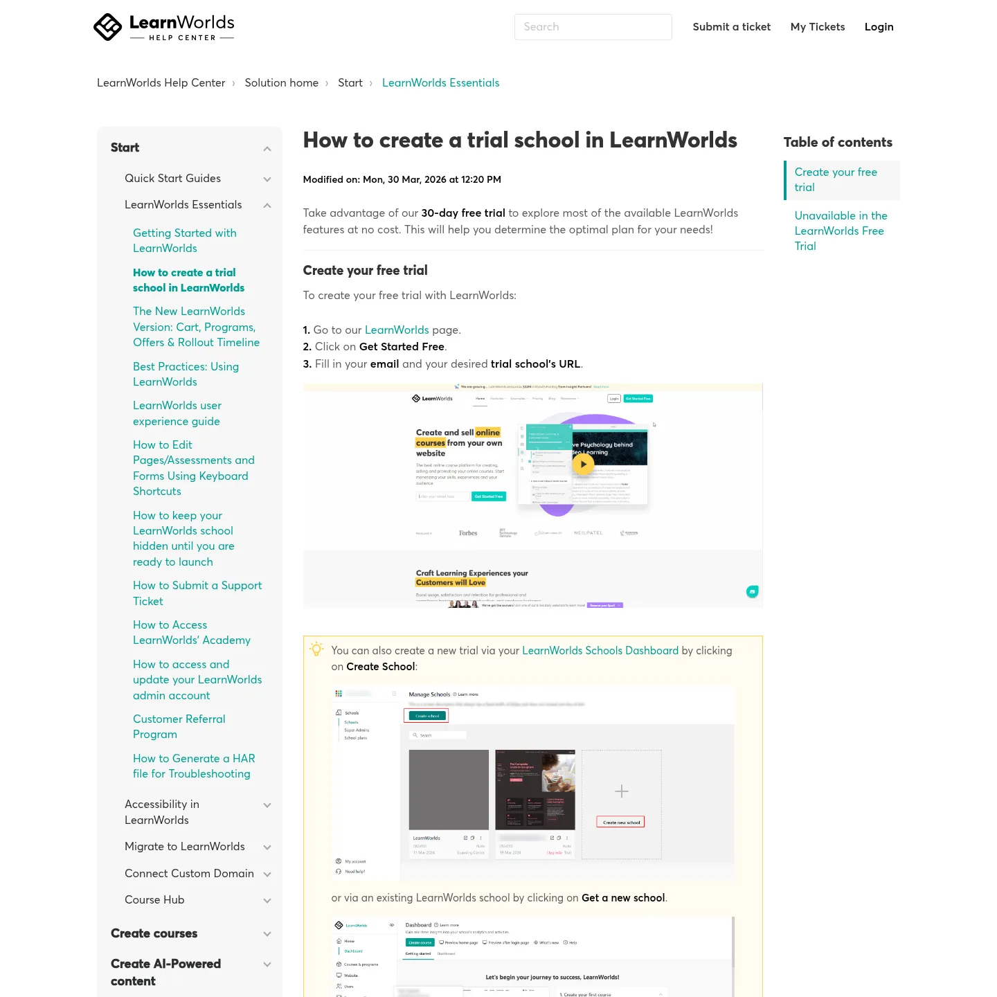 دليل إعداد تجربة LearnWorlds يعرض خطوات البدء والمزايا المستثناة