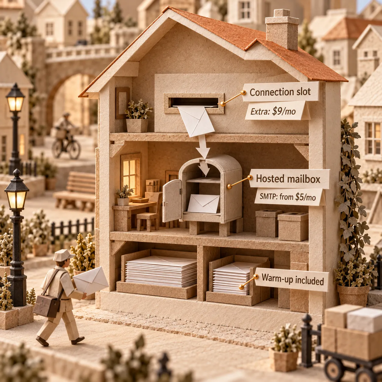 Paper posthouse cross-section separates a nine-dollar extra connection slot from a hosted SMTP mailbox starting at five dollars
