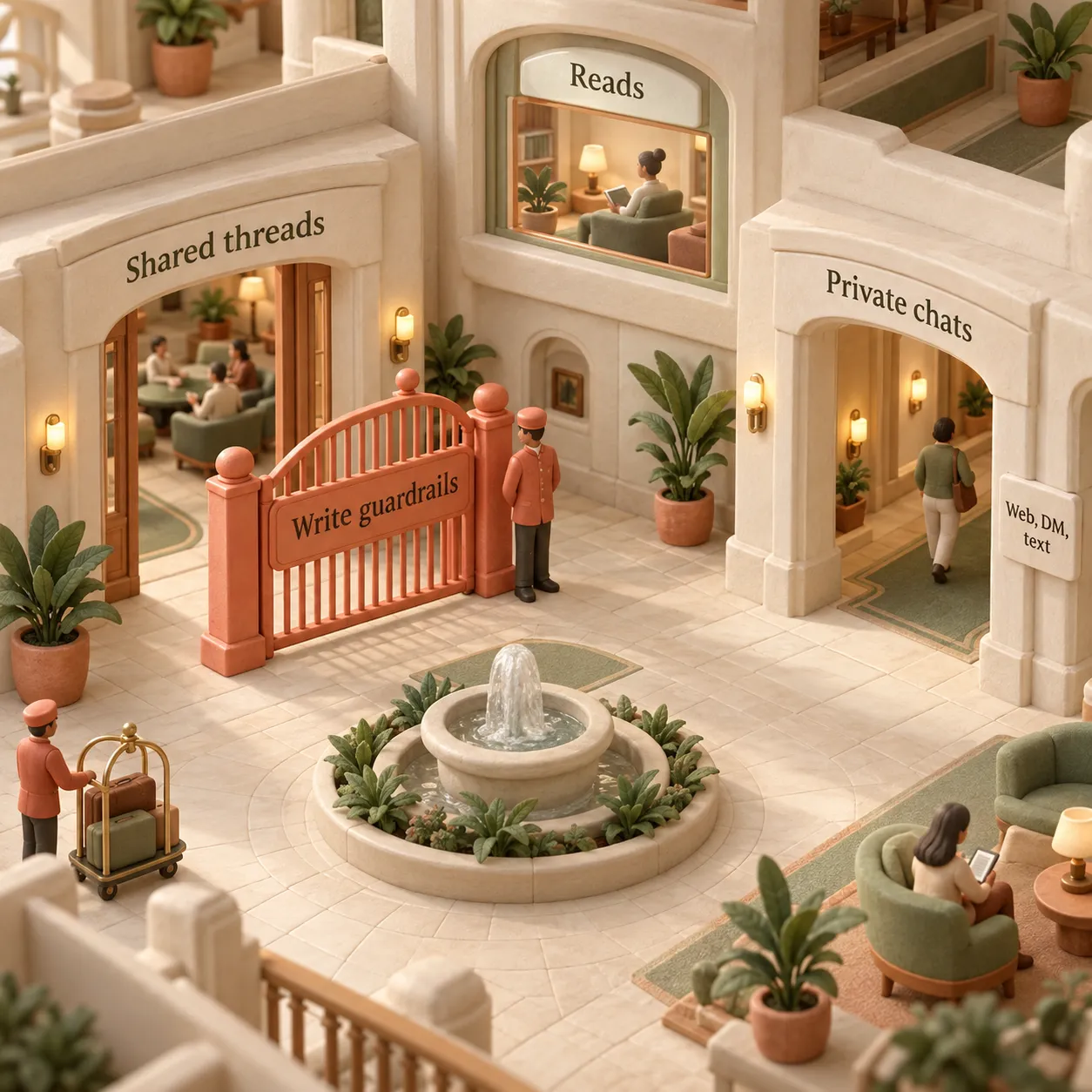 Clay hotel architecture distinguishing shared Slack thread write guardrails from private chat surfaces and reads