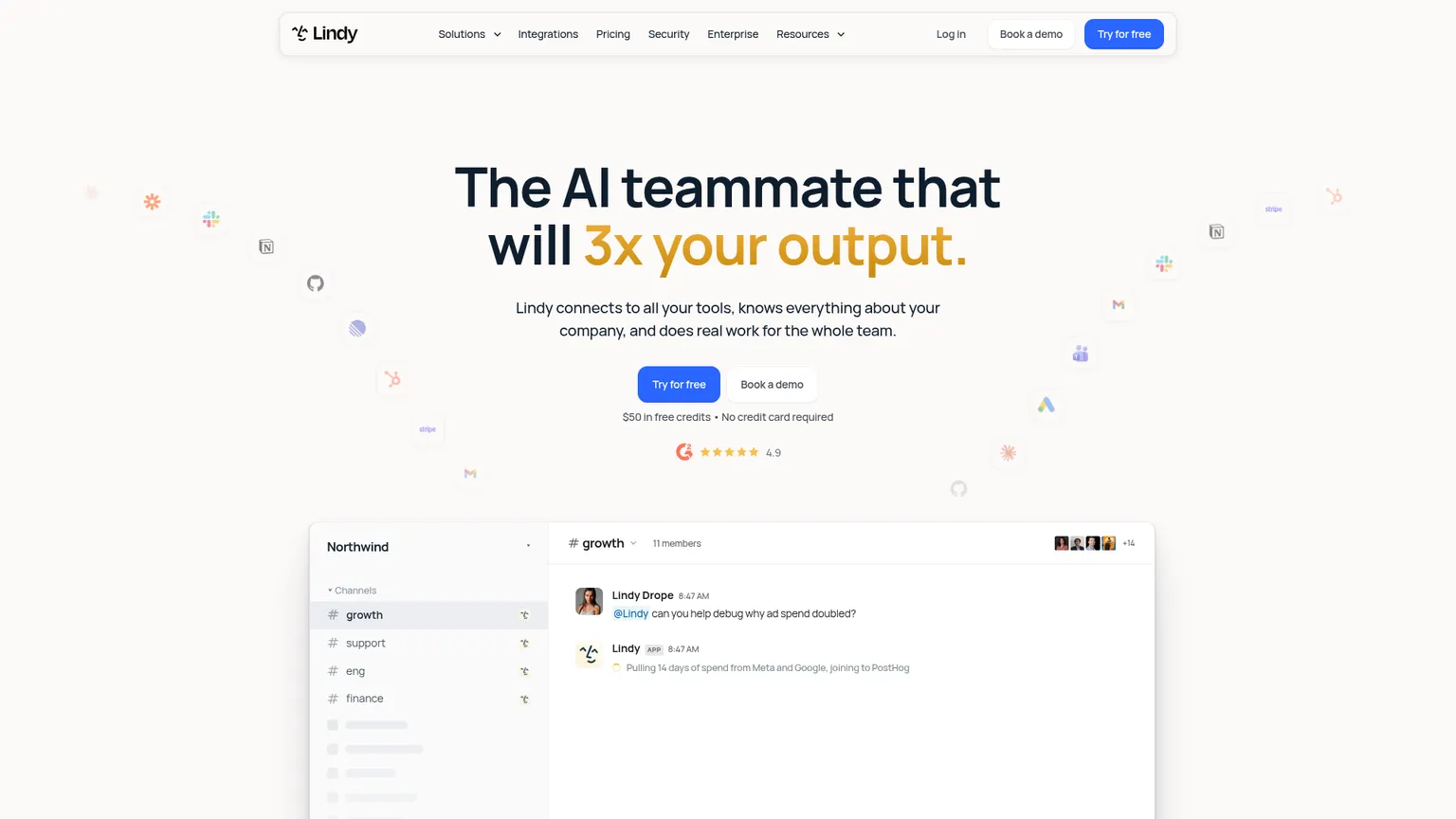 Lindy's public homepage showing its connected AI teammate and business workflows