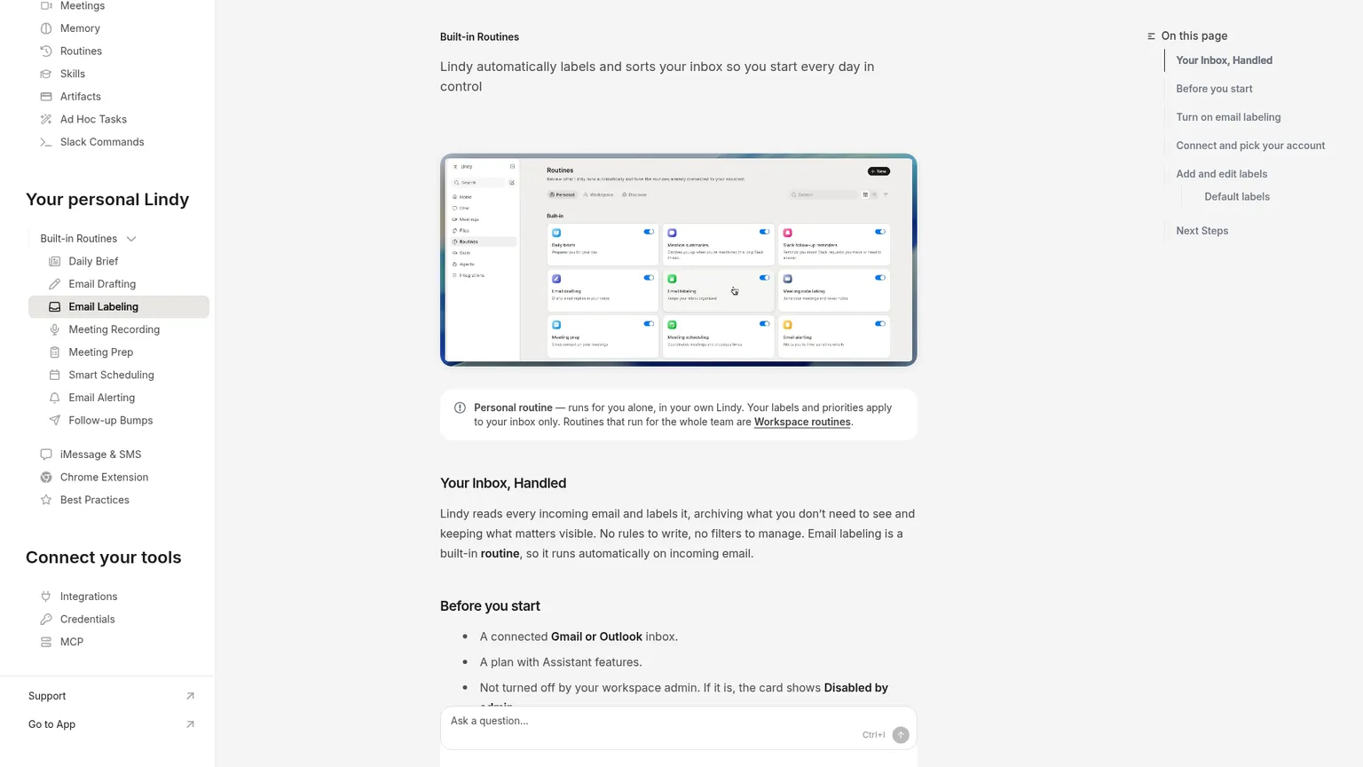 Lindy's email labeling documentation showing the Personal routine and label setup
