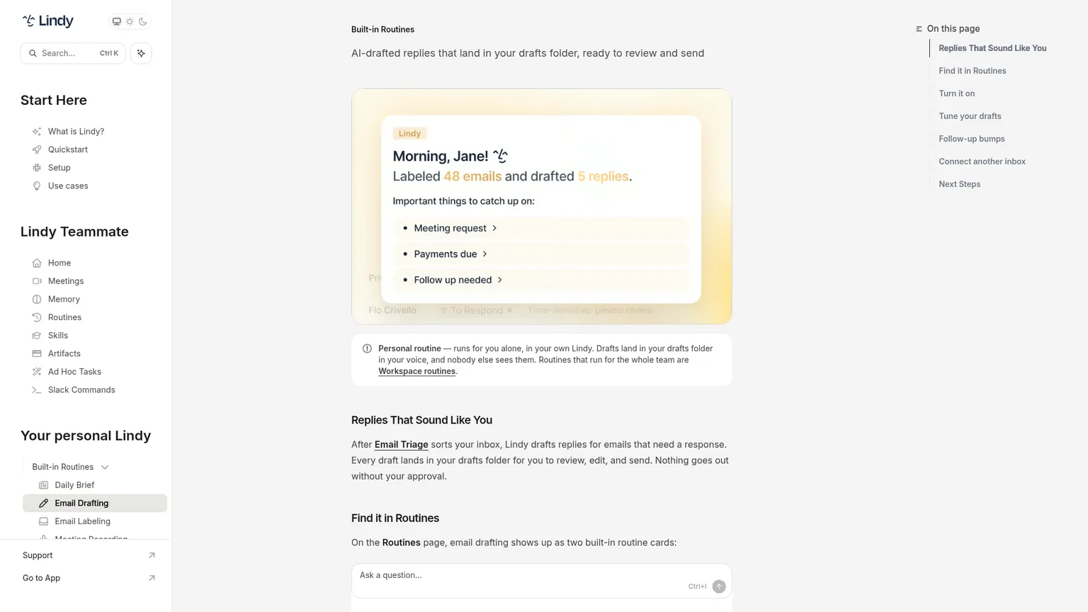 Lindy's public email drafting documentation describing instructions, signature and learned writing style