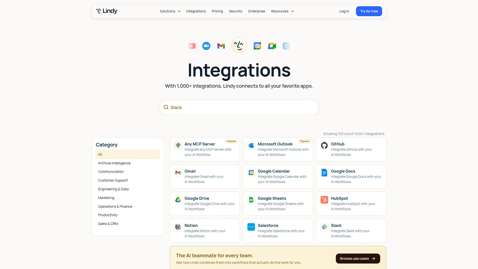Lindy's public integration catalog listing email, calendar, CRM and business applications