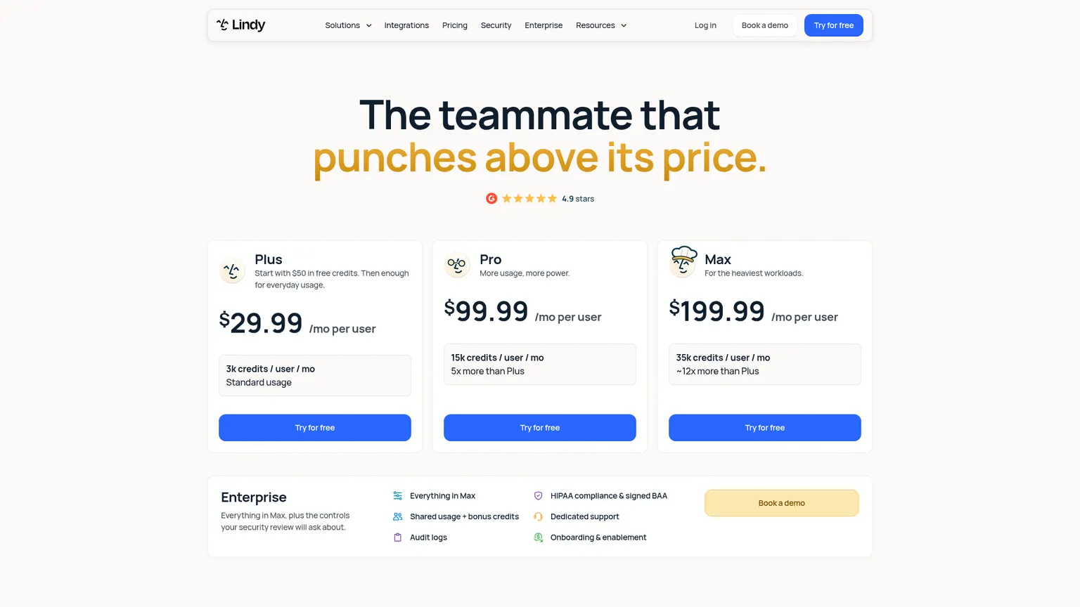 Lindy's current pricing page showing Free, Team and Enterprise with Team credit options