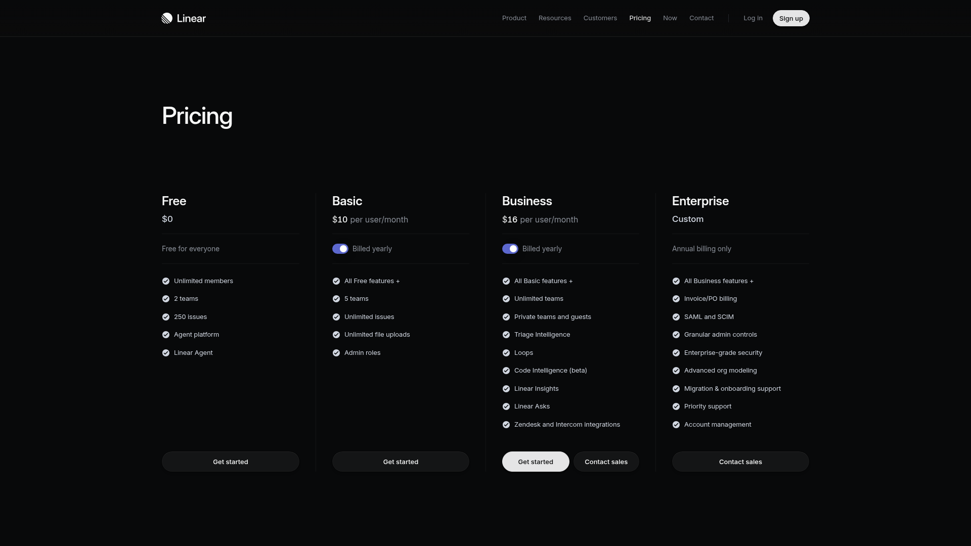 Linear pricing page showing Free, Basic, Business, and Enterprise plans