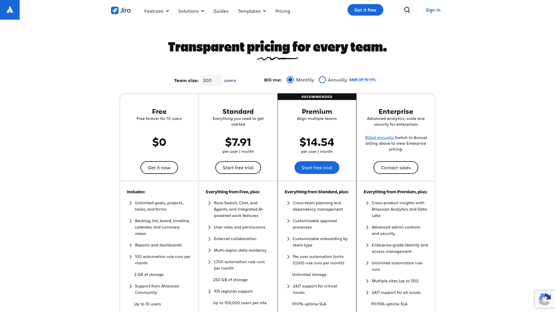 Jira pricing page showing Free, Standard, Premium, and Enterprise plans