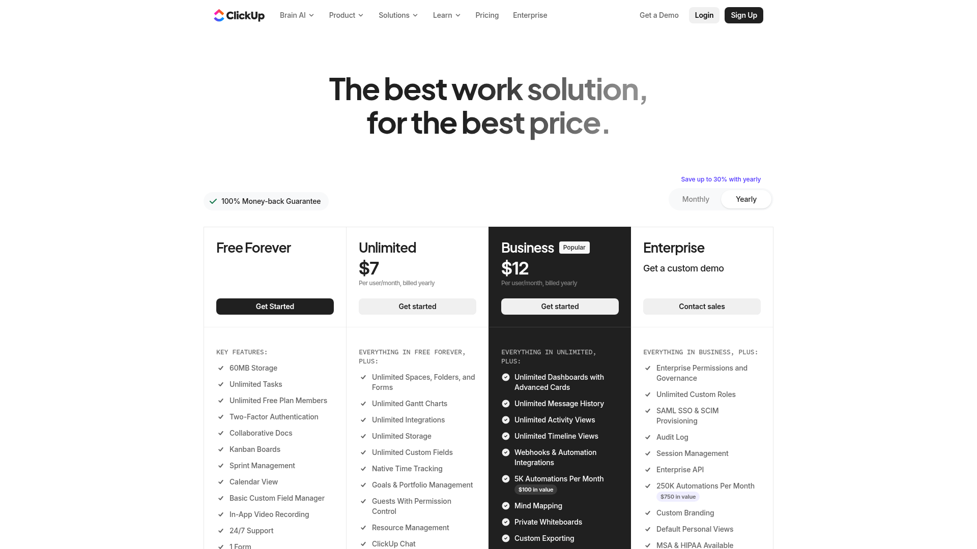 ClickUp pricing page showing Free Forever, Unlimited, Business, and Enterprise plans