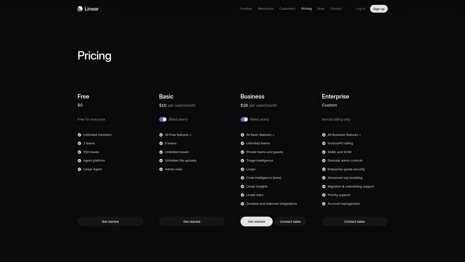صفحة الأسعار المباشرة ومقارنة خطط Linear