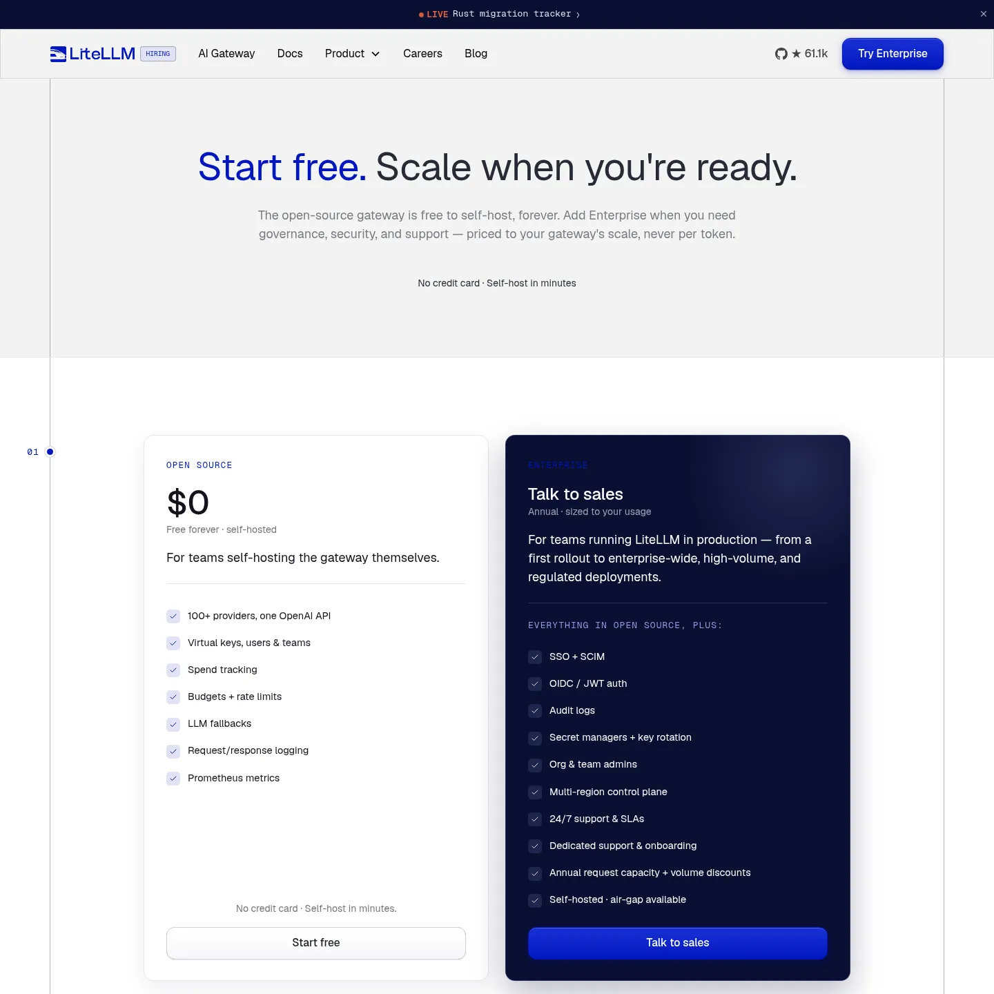 Open SourceとEnterpriseを掲載したLiteLLMの公開料金ページ
