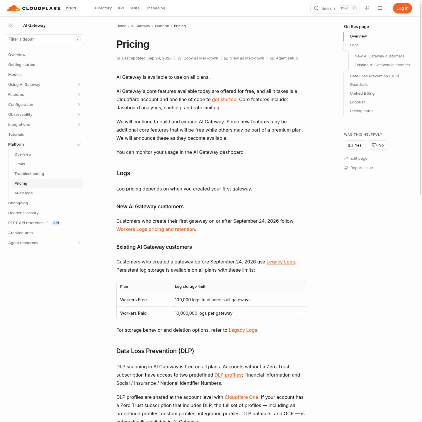 基本機能、ログ、Unified Billingの手数料を掲載したCloudflare AI Gatewayの料金ドキュメント