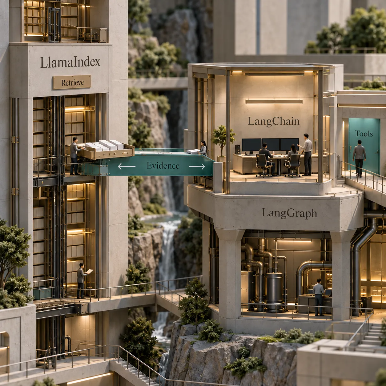 Modello architetturale in cui il recupero di LlamaIndex fornisce le fonti a un agente LangChain, con LangGraph come runtime sottostante e altri strumenti collegati