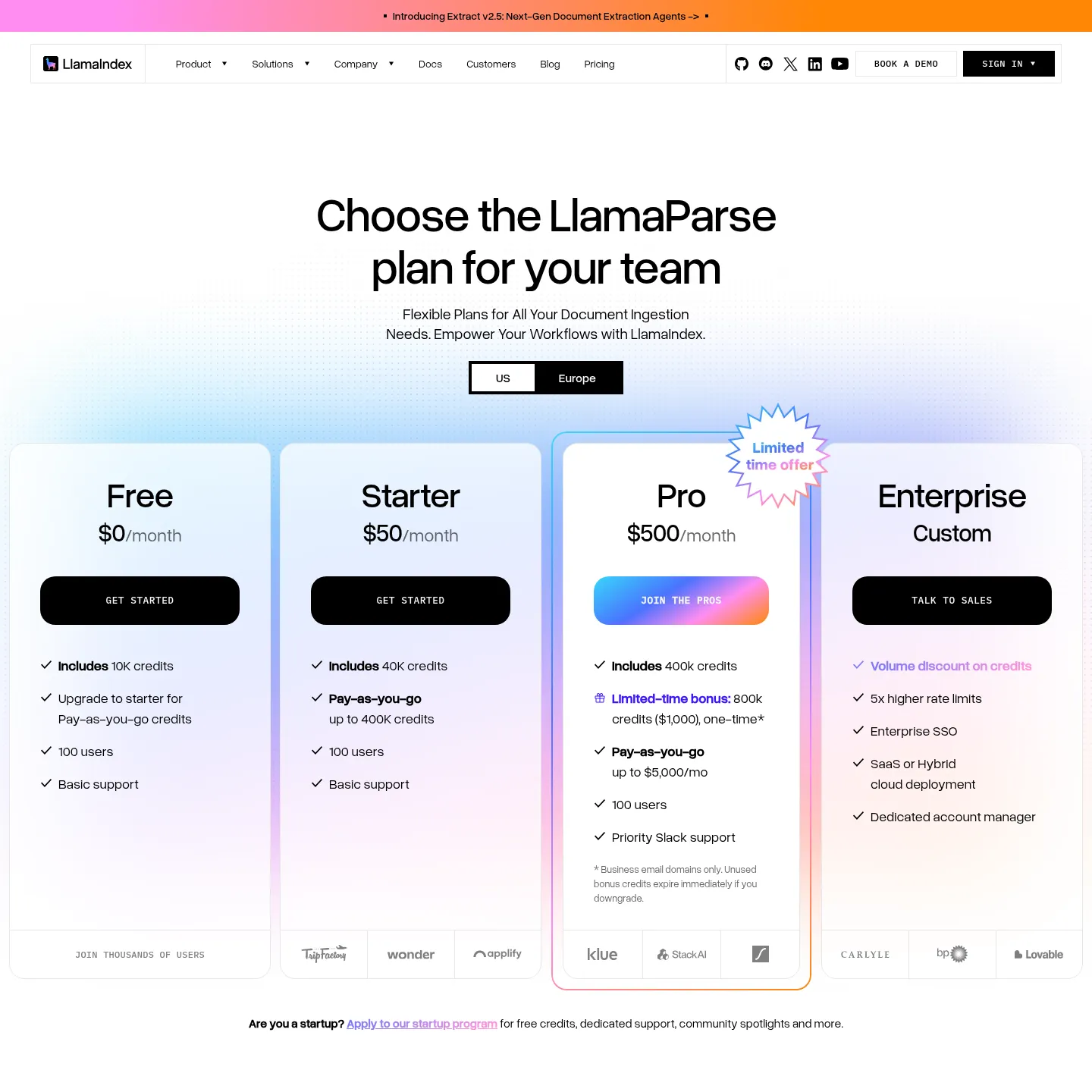 Pagina dei prezzi di LlamaIndex per la piattaforma documentale gestita LlamaParse