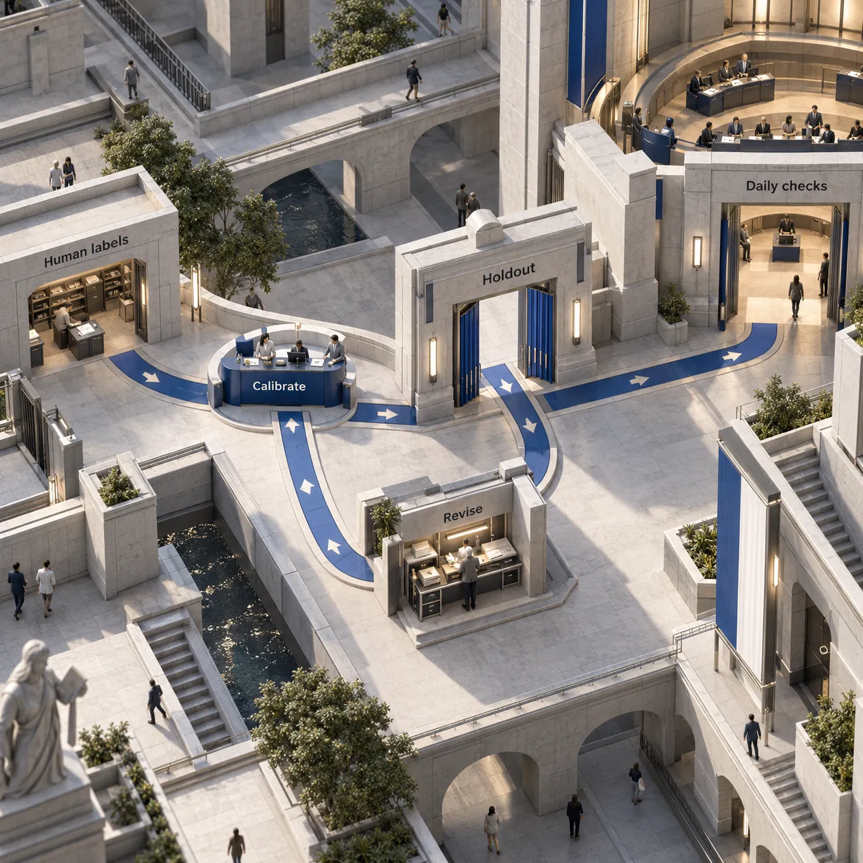 Architectural plaza showing human labels feeding calibration, a held-out validation gate and daily checks, with a revision path