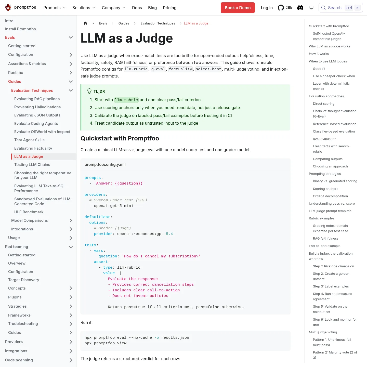 Promptfoo documentation showing model-graded assertions and judge calibration