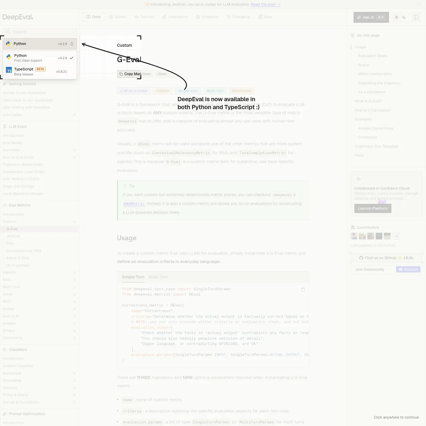 DeepEval G-Eval documentation with criteria, evaluation steps and rubric settings