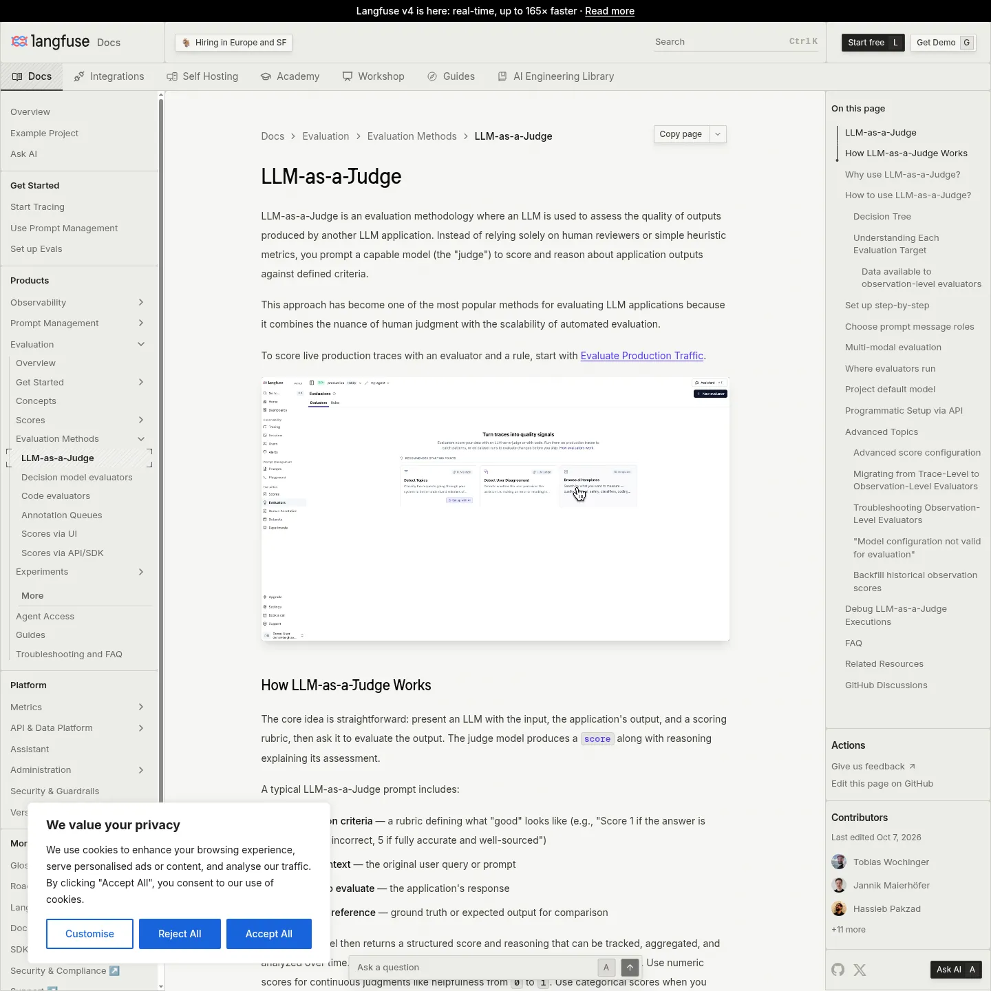 Langfuse documentation showing evaluator targets and observation variable mapping