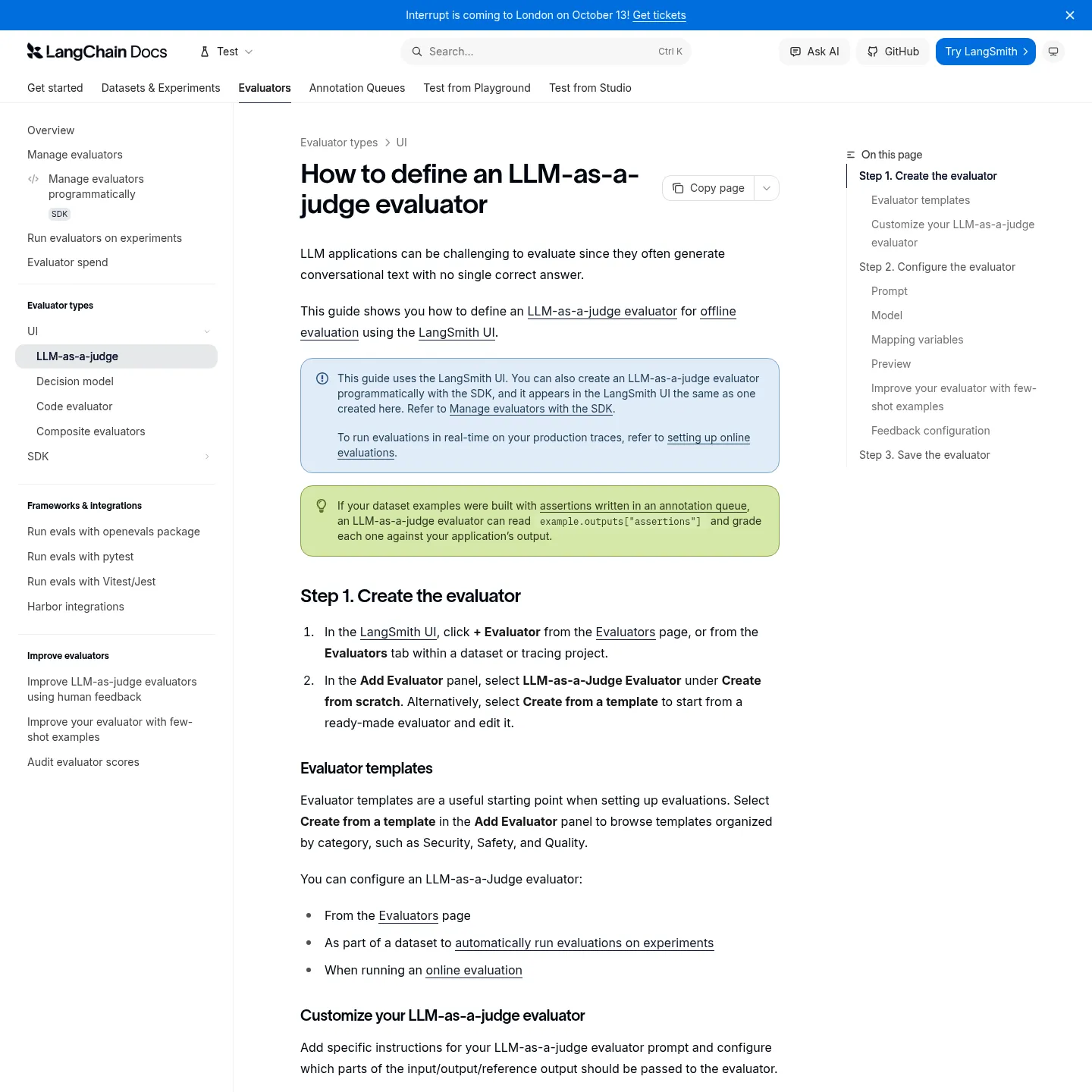 LangSmith documentation explaining judge prompt configuration, variable mapping and feedback