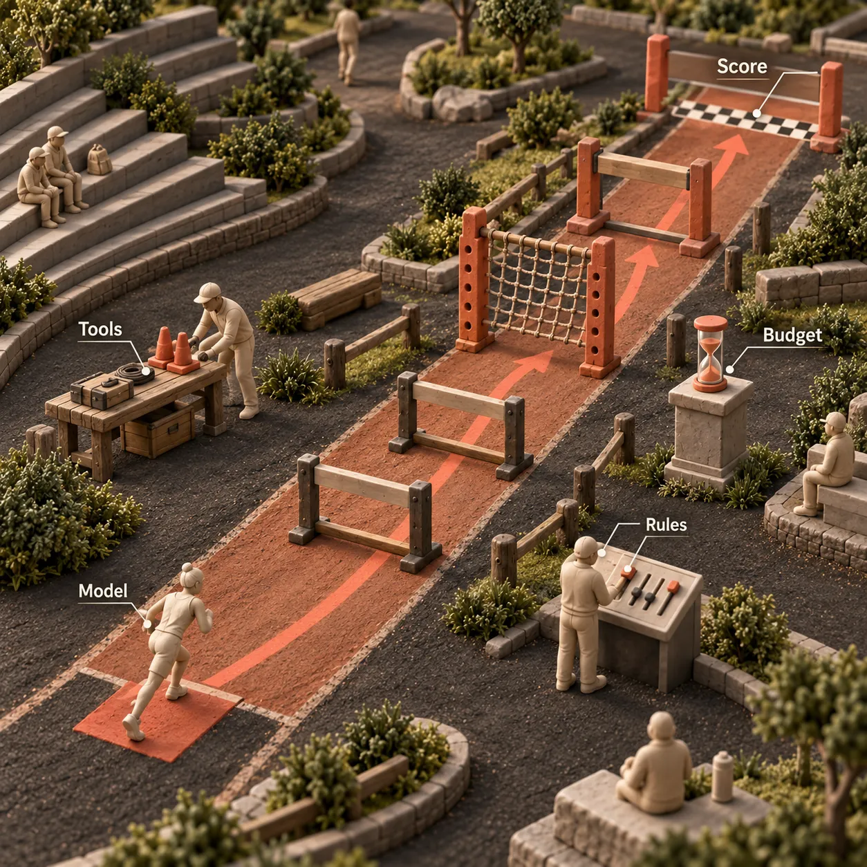 A clay runner passes through a test course labeled Model, Tools, Budget, Rules and Score