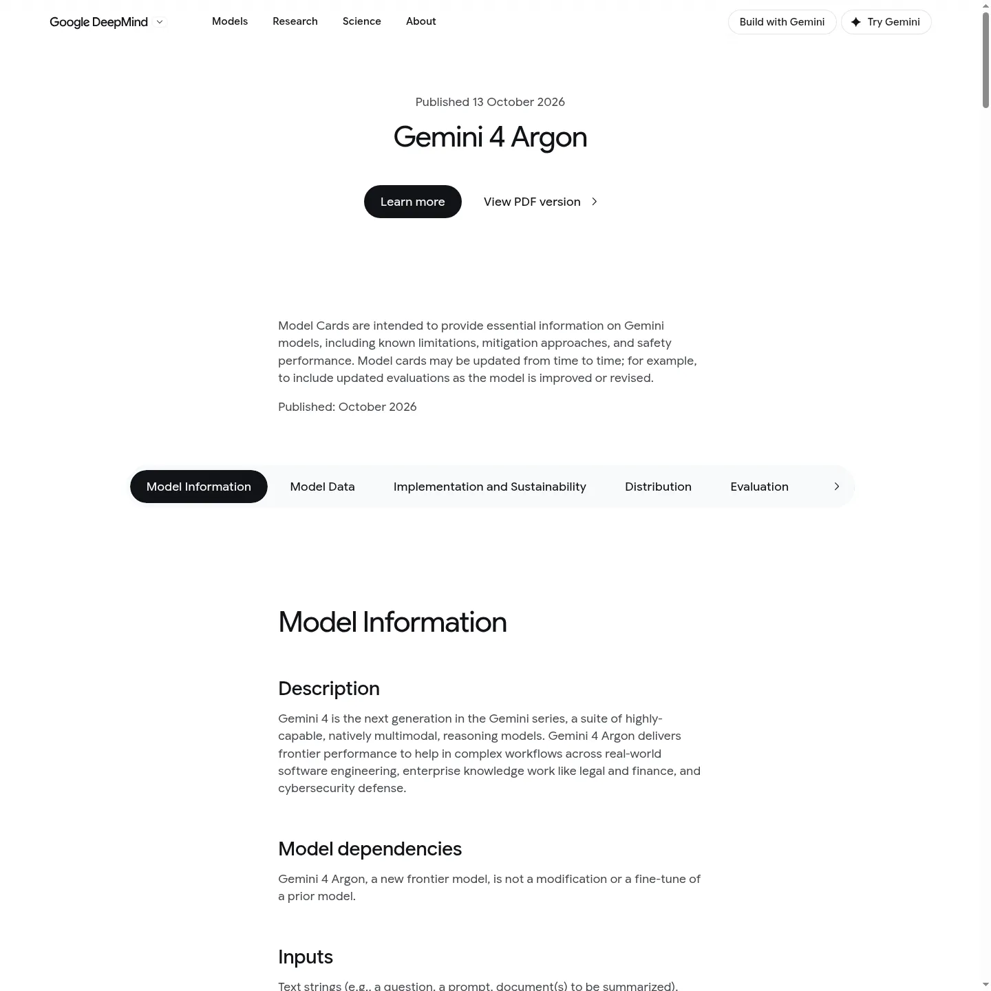 Google DeepMind's Gemini 4 Argon model card with its published evaluation table