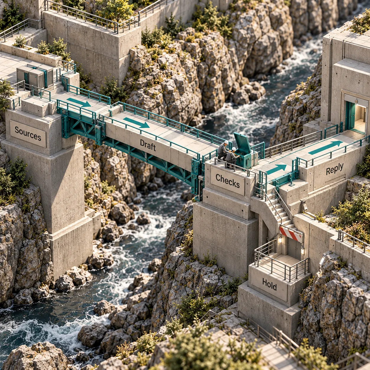An architectural bridge connects Sources, Draft, Checks and Reply, with a Hold route before the customer exit