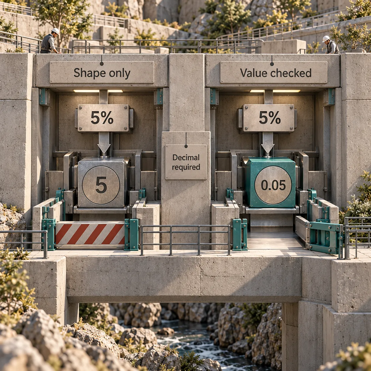 Two architectural inspection bays compare a shape-only check accepting 5 with a value check requiring 0.05 for a five percent decimal rate