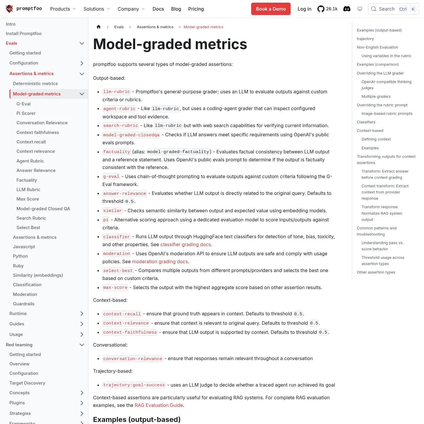 Promptfoo documentation listing model-graded evaluation assertions