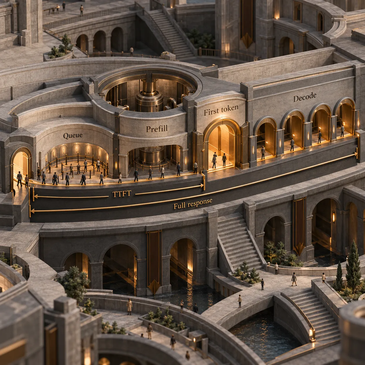 Architectural timeline through queue, prefill, first token and decode, with separate spans for TTFT and the full response.