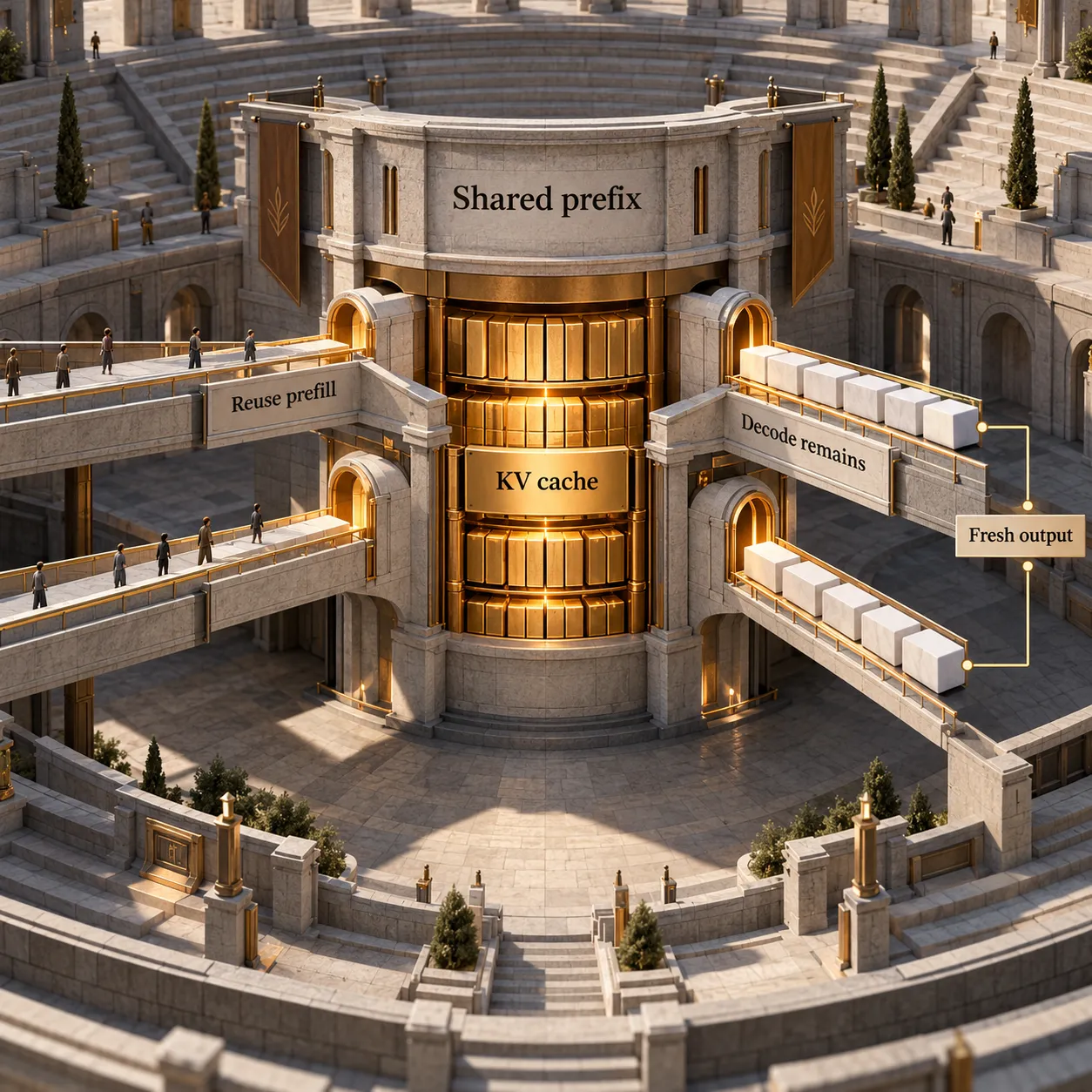 Architectural cutaway showing separate requests sharing retained prefix state while continuing into distinct fresh outputs.