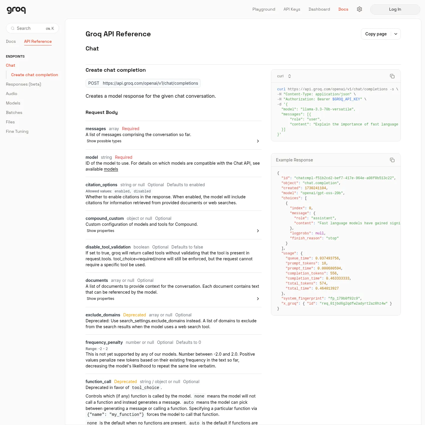 Groq's official API reference showing chat completion request and response fields.