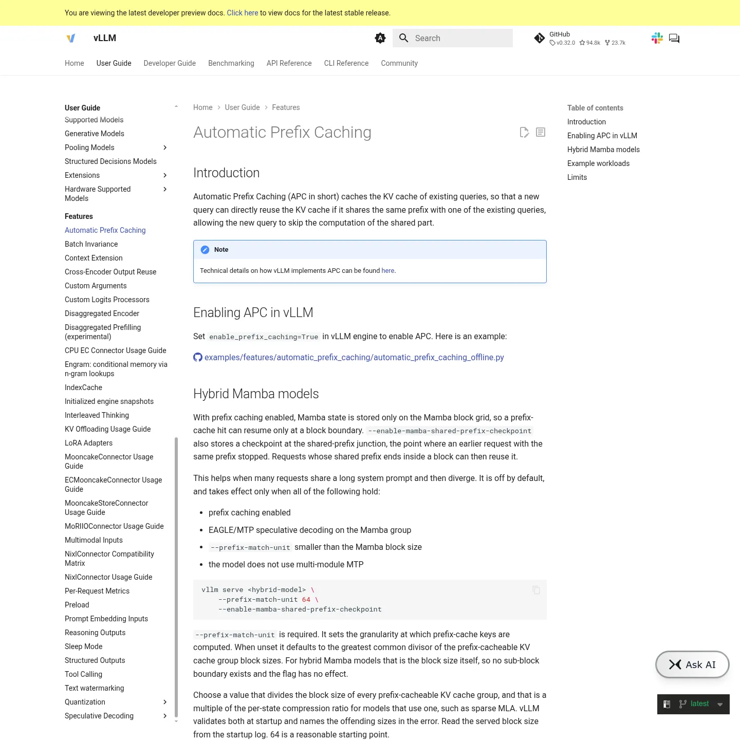 vLLM's official Automatic Prefix Caching documentation explaining reuse and its limits.