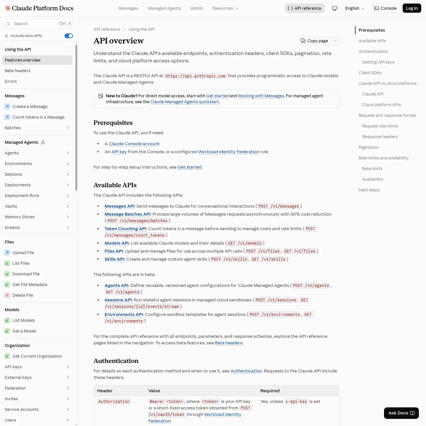Anthropic's official Claude API overview with its available APIs and request model.
