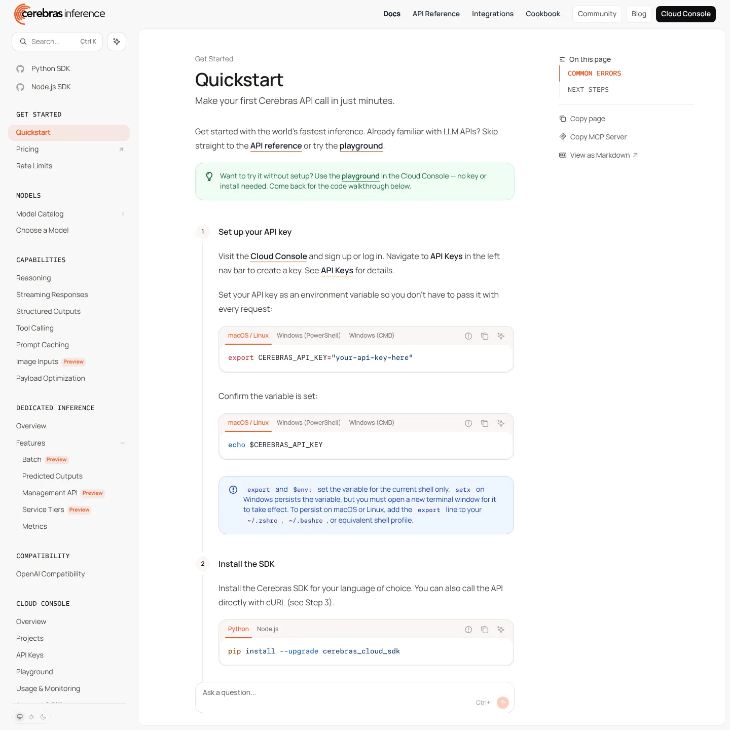 Cerebras' official inference quickstart showing SDK and API request setup.