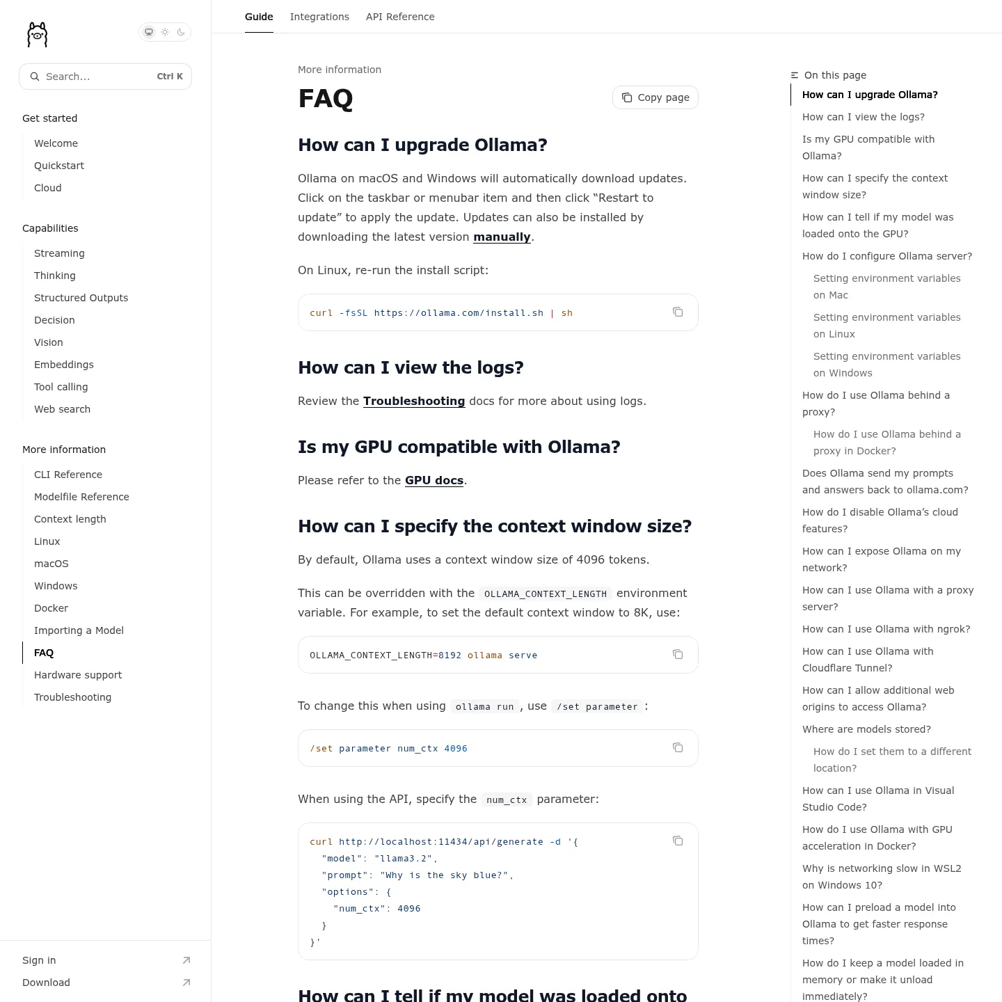 Ollama's official FAQ explaining local operation, model loading and concurrent requests.