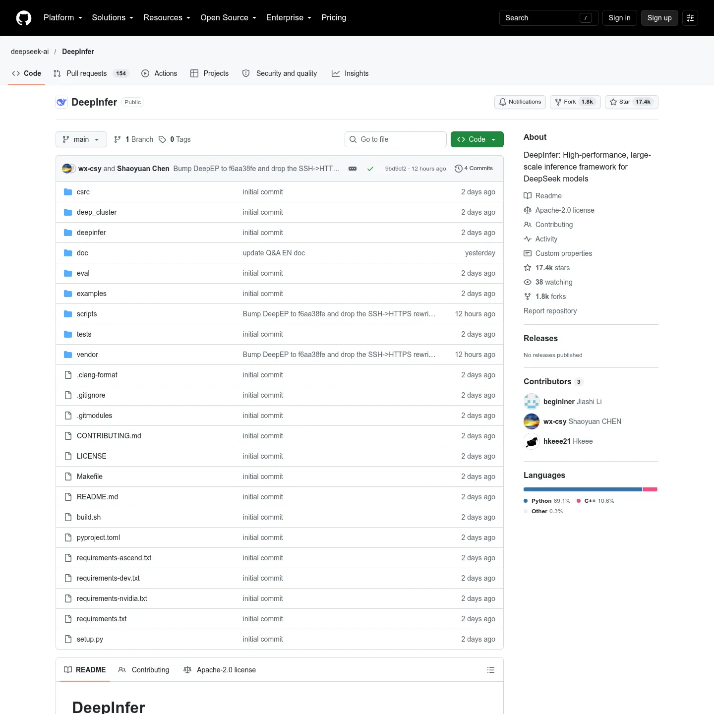 DeepSeek's official DeepInfer repository describing supported models, hardware and release scope.