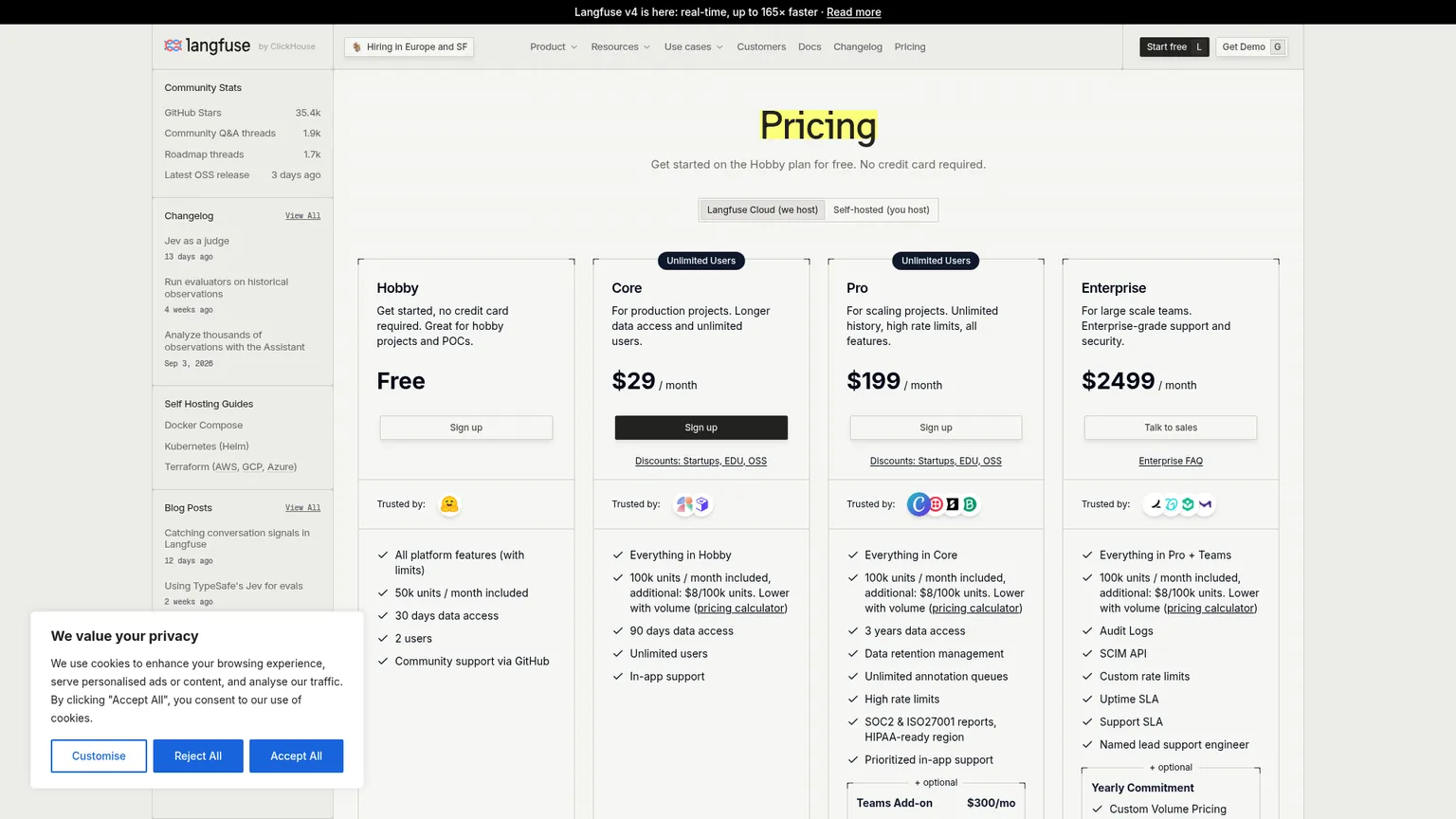 Langfuse live pricing page showing Hobby, Core, Pro and Enterprise plans
