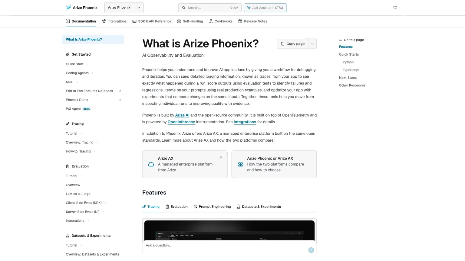 Arize Phoenix documentation showing tracing, evaluations, prompts, datasets and experiments