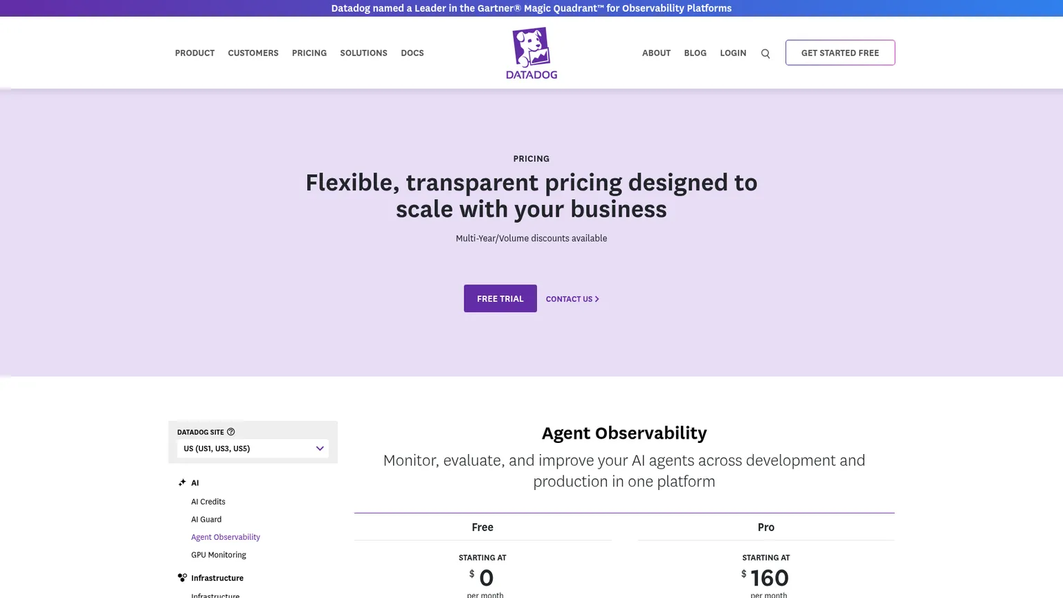 Datadog Agent Observability pricing showing Free and Pro LLM-span allowances
