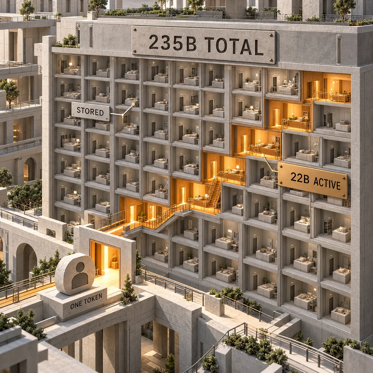 Architectural cutaway showing 235B total model parameters, with a small amber route labeled 22B active for one token and the remaining rooms still stored.